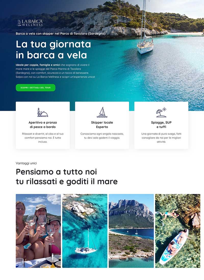 Screenshot del sito de la barca wellness che mostra immagini di barche a vela in mare