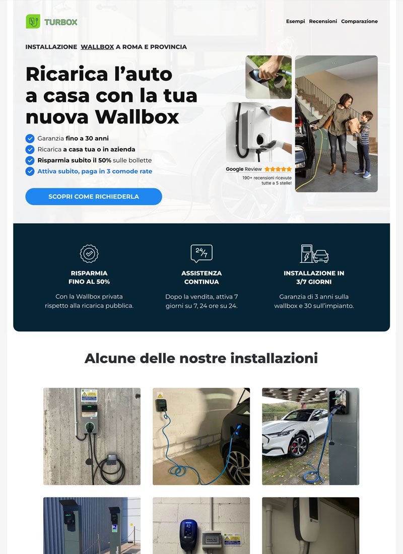 Immagine che rappresenta uno spezzone di una landing page che rappresenta un'azienda di installazione wallbox