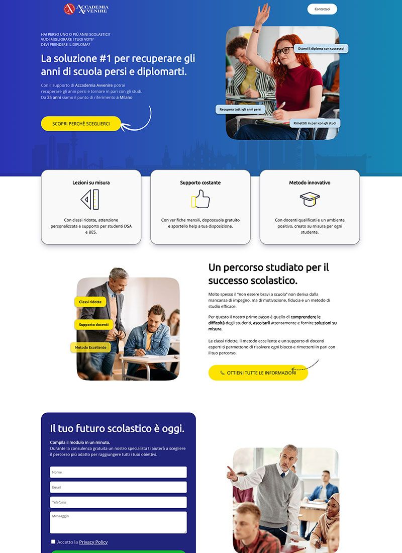 Screenshot del sito di accademia avvenire che mostra foto di studenti in classe
