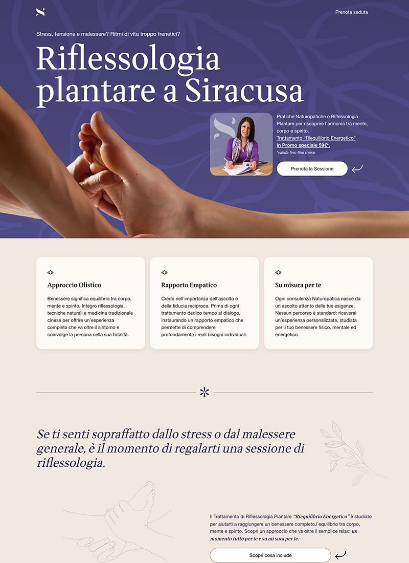 Screenshot del sito di Simona Tumminelli che mostra immagini di massaggi ai piedi e al corpo